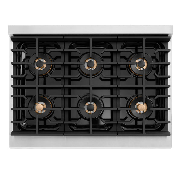 ZLINE Autograph Edition 36 in. 5.2 cu. ft. Paramount Gas Range with 6 Burner DuoPro™ Cooktop and Convection Gas Oven with White Matte Door and Polished Gold Accents (PSGRZ-WM-36-G)