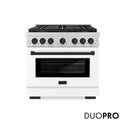 ZLINE Autograph Edition 36 in. 5.2 cu. ft. Paramount Gas Range with 6 Burner DuoPro™ Cooktop and Convection Gas Oven with White Matte Door and Matte Black Accents (PSGRZ-WM-36-MB)