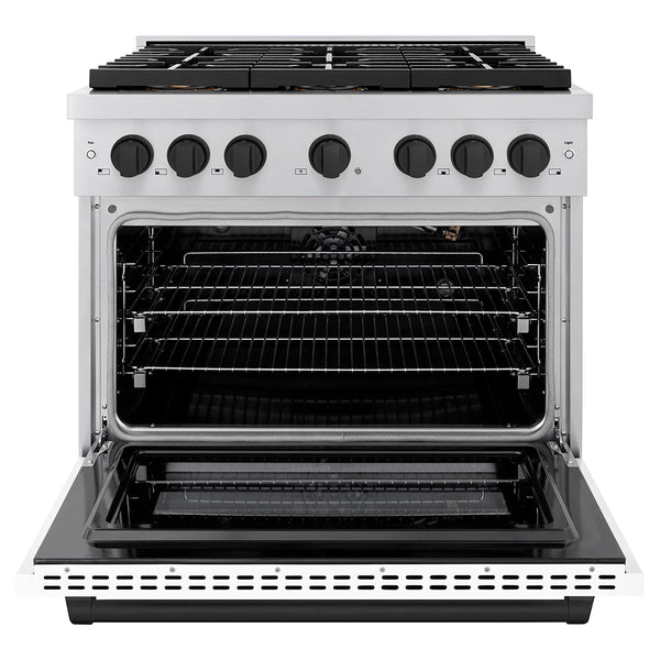 ZLINE Autograph Edition 36 in. 5.2 cu. ft. Paramount Gas Range with 6 Burner DuoPro™ Cooktop and Convection Gas Oven with White Matte Door and Matte Black Accents (PSGRZ-WM-36-MB)