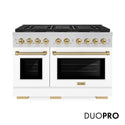 ZLINE Autograph Edition 48 in. 6.7 cu. ft. Paramount Gas Range with 8 Burner DuoPro™ Cooktop and Dual Ovens with White Matte Doors and Polished Gold Accents (PSGRZ-WM-48-G)