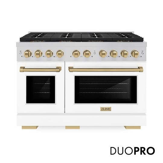 ZLINE Autograph Edition 48 in. 6.7 cu. ft. Paramount Gas Range with 8 Burner DuoPro™ Cooktop and Dual Ovens with White Matte Doors and Polished Gold Accents (PSGRZ-WM-48-G)