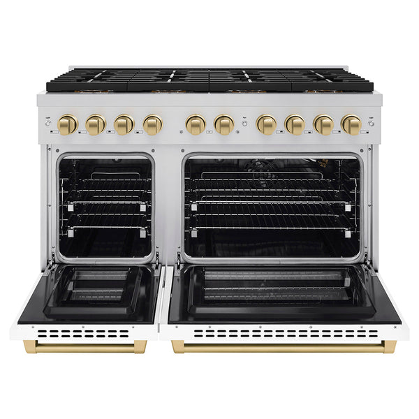 ZLINE Autograph Edition 48 in. 6.7 cu. ft. Paramount Gas Range with 8 Burner DuoPro™ Cooktop and Dual Ovens with White Matte Doors and Champagne Bronze Accents (PSGRZ-WM-48-CB)