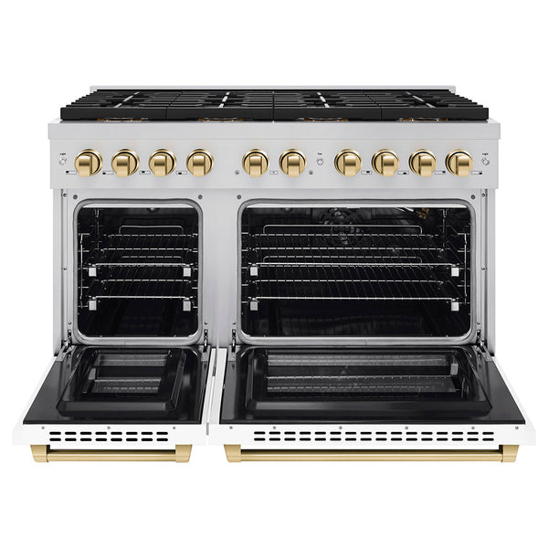 ZLINE Autograph Edition 48 in. 6.7 cu. ft. Paramount Gas Range with 8 Burner DuoPro™ Cooktop and Dual Ovens with White Matte Doors and Polished Gold Accents (PSGRZ-WM-48-G)