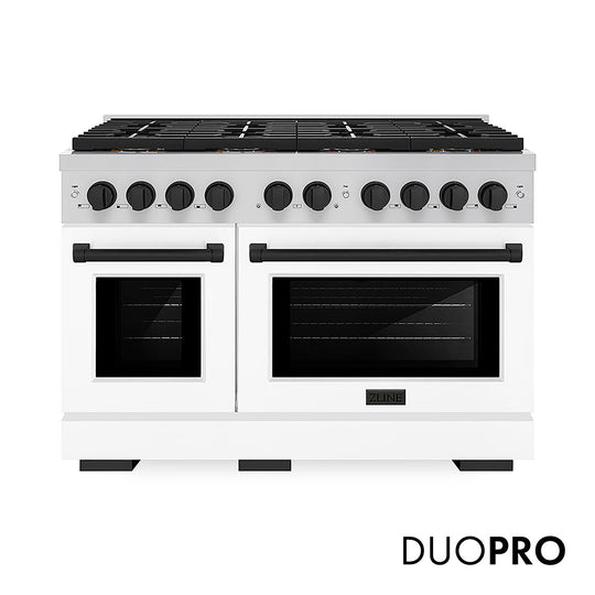 ZLINE Autograph Edition 48 in. 6.7 cu. ft. Paramount Gas Range with 8 Burner DuoPro™ Cooktop and Dual Ovens with White Matte Doors and Matte Black Accents (PSGRZ-WM-48-MB)