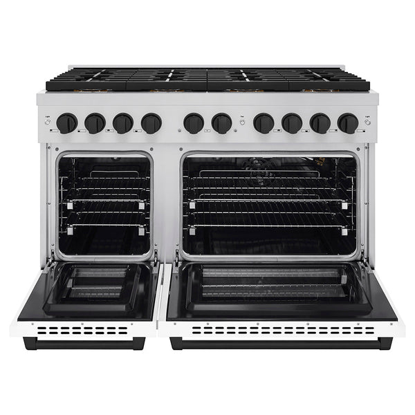 ZLINE Autograph Edition 48 in. 6.7 cu. ft. Paramount Gas Range with 8 Burner DuoPro™ Cooktop and Dual Ovens with White Matte Doors and Matte Black Accents (PSGRZ-WM-48-MB)