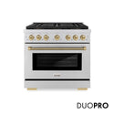 ZLINE Autograph Edition 36 in. 5.2 cu. ft. Paramount Gas Range with 6 Burner DuoPro™ Cooktop and Convection Gas Oven in Stainless Steel with Champagne Bronze Helix Handle and Accents (PSGRZ-36-KCB)