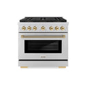 ZLINE Autograph Edition 36 in. 5.2 cu. ft. Paramount Gas Range with 6 Burner DuoPro™ Cooktop and Convection Gas Oven in Stainless Steel with Polished Gold Helix Handle and Accents (PSGRZ-36-KG)