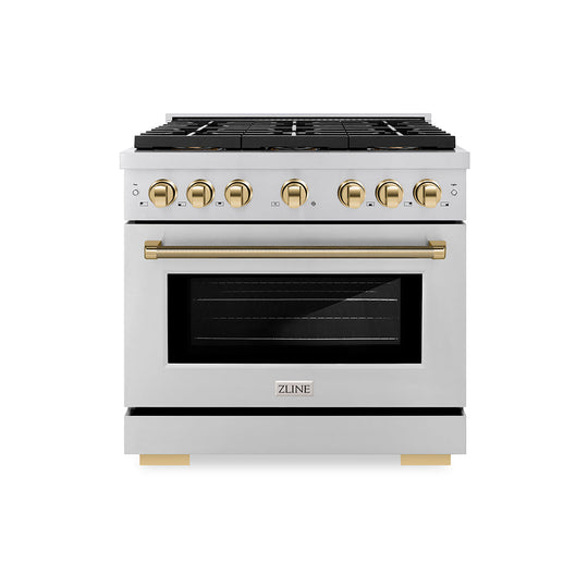 ZLINE Autograph Edition 36 in. 5.2 cu. ft. Paramount Gas Range with 6 Burner DuoPro™ Cooktop and Convection Gas Oven in Stainless Steel with Polished Gold Helix Handle and Accents (PSGRZ-36-KG)