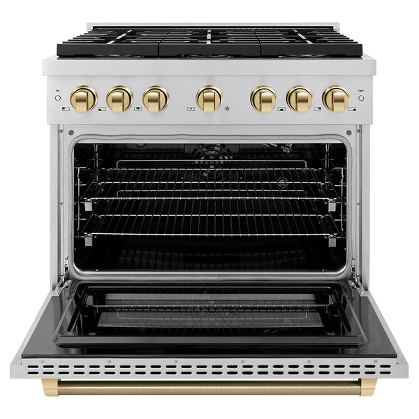 ZLINE Autograph Edition 36 in. 5.2 cu. ft. Paramount Gas Range with 6 Burner DuoPro™ Cooktop and Convection Gas Oven in Stainless Steel with Champagne Bronze Helix Handle and Accents (PSGRZ-36-KCB)