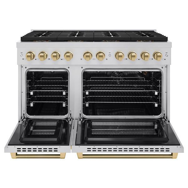 ZLINE Autograph Edition 48 in. 6.7 cu. ft. Paramount Gas Range with 8 Burner DuoPro™ Cooktop and Dual Ovens in Stainless Steel with Champagne Bronze Helix Handles and Accents (PSGRZ-48-KCB)