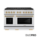 ZLINE Autograph Edition 48 in. 6.7 cu. ft. Paramount Gas Range with 8 Burner DuoPro™ Cooktop and Dual Ovens in Stainless Steel with Polished Gold Helix Handles and Accents (PSGRZ-48-KG)