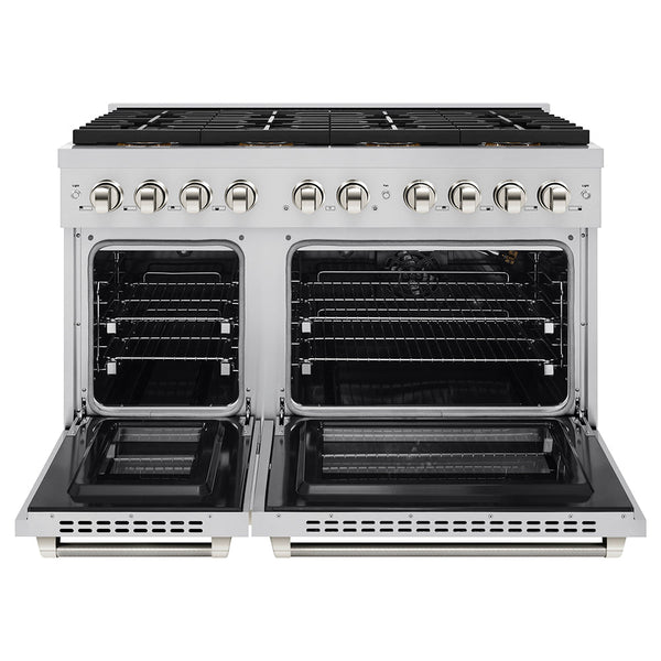 ZLINE Autograph Edition 48 in. 6.7 cu. ft. Paramount Gas Range with 8 Burner DuoPro™ Cooktop and Dual Ovens in Stainless Steel with Polished Nickel Helix Handles and Accents (PSGRZ-48-KPN)