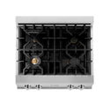 ZLINE 30 in. Porcelain Gas Rangetop with 4 Gas Brass Burners (RT-BR-30) from above showing gas burners and cast-iron grates.