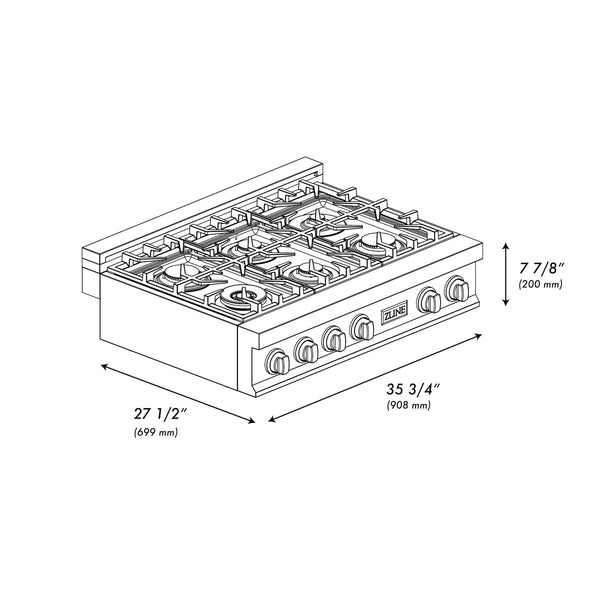 ZLINE 36 in. Stainless Steel Gas Rangetop with 6 Gas Burners (RT36) dimensional diagram with measurements.