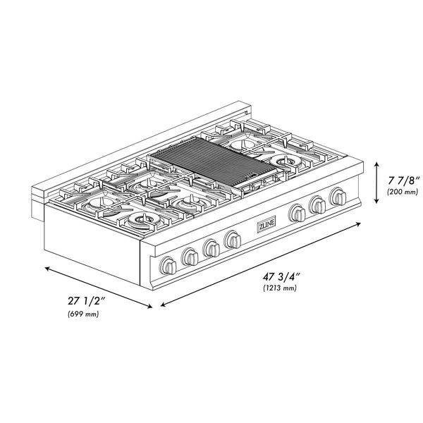 ZLINE 48 in. Legacy Gas Rangetop with 7 Burners and Porcelain Cooktop in Stainless Steel with Griddle (RT-GR-48)