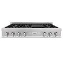 ZLINE 48 in. Porcelain Gas Rangetop in DuraSnow® Stainless Steel with 7 Gas Burners and Griddle (RTS-48) front, oven closed.