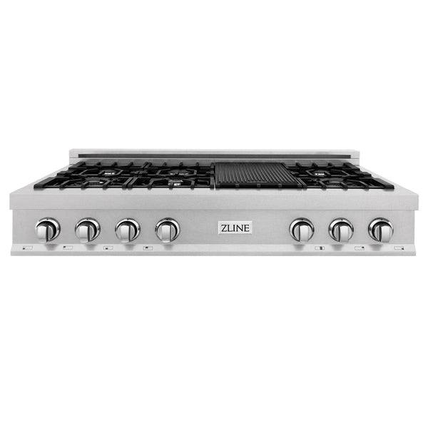 ZLINE 48 in. Porcelain Gas Rangetop in DuraSnow® Stainless Steel with 7 Gas Burners and Griddle (RTS-48) front, oven closed.