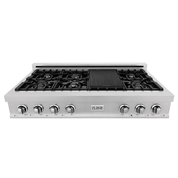 ZLINE 48 in. Porcelain Gas Stovetop in DuraSnow Stainless Steel with 7 Gas Burners and Griddle (RTS-48)-Cooktops-RTS-48 ZLINE Kitchen and Bath