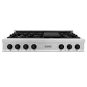 ZLINE Autograph Edition 48 in. Porcelain Rangetop with 7 Gas Burners in DuraSnow® Stainless Steel and Matte Black Accents (RTSZ-48-MB) front, oven closed.
