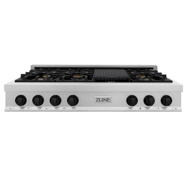 ZLINE Autograph Edition 48 in. Porcelain Rangetop with 7 Gas Burners in DuraSnow® Stainless Steel and Matte Black Accents (RTSZ-48-MB) front, oven closed.