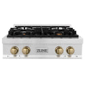 ZLINE Autograph Edition 30 in. Porcelain Rangetop with 4 Gas Burners in DuraSnow® Stainless Steel with Champagne Bronze Accents (RTSZ-30-CB) front, oven closed.
