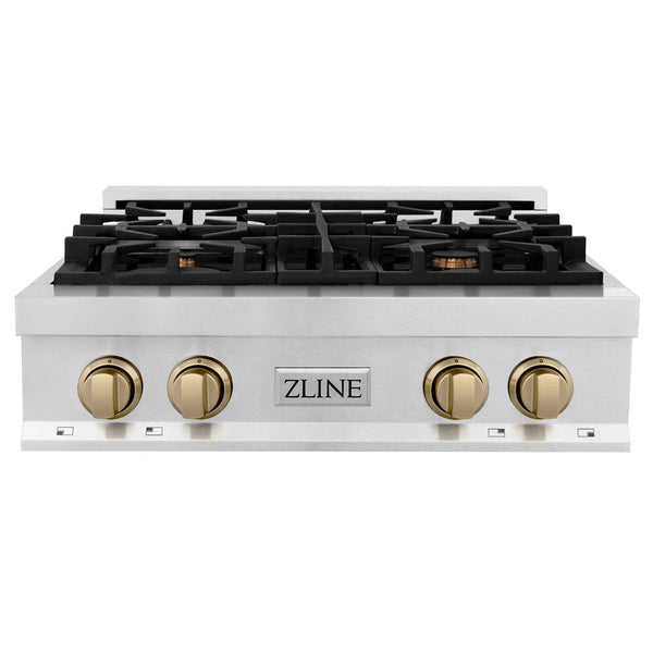 ZLINE Autograph Edition 30 in. Porcelain Rangetop with 4 Gas Burners in DuraSnow® Stainless Steel with Champagne Bronze Accents (RTSZ-30-CB) front, oven closed.