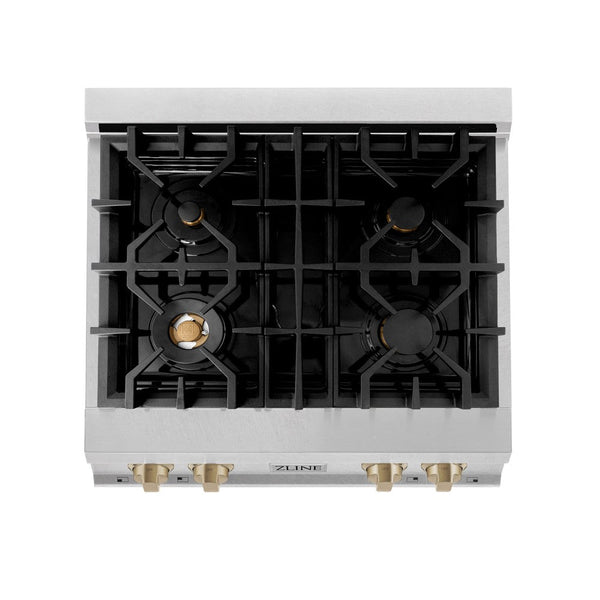 ZLINE Autograph Edition 30 in. Porcelain Rangetop with 4 Gas Burners in DuraSnow® Stainless Steel with Champagne Bronze Accents (RTSZ-30-CB) from above showing gas burners and cast-iron grates.