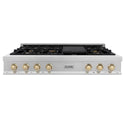 ZLINE Autograph Edition 48 in. Porcelain Rangetop with 7 Gas Burners in DuraSnow® Stainless Steel and Polished Gold Accents (RTSZ-48-G) front, oven closed.