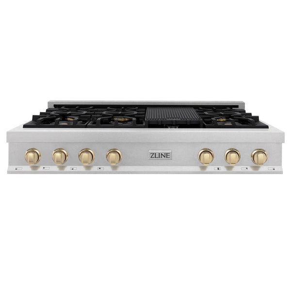 ZLINE Autograph Edition 48 in. Porcelain Rangetop with 7 Gas Burners in DuraSnow® Stainless Steel and Polished Gold Accents (RTSZ-48-G) front, oven closed.