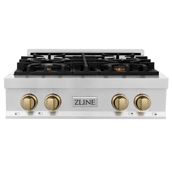 ZLINE Autograph Edition 30 in. Porcelain Rangetop with 4 Gas Burners in Stainless Steel and Champagne Bronze Accents (RTZ-30-CB) front, oven closed.