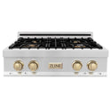 ZLINE Autograph Edition 30 in. Porcelain Rangetop with 4 Gas Burners in Stainless Steel and Polished Gold Accents (RTZ-30-G) front, oven closed.