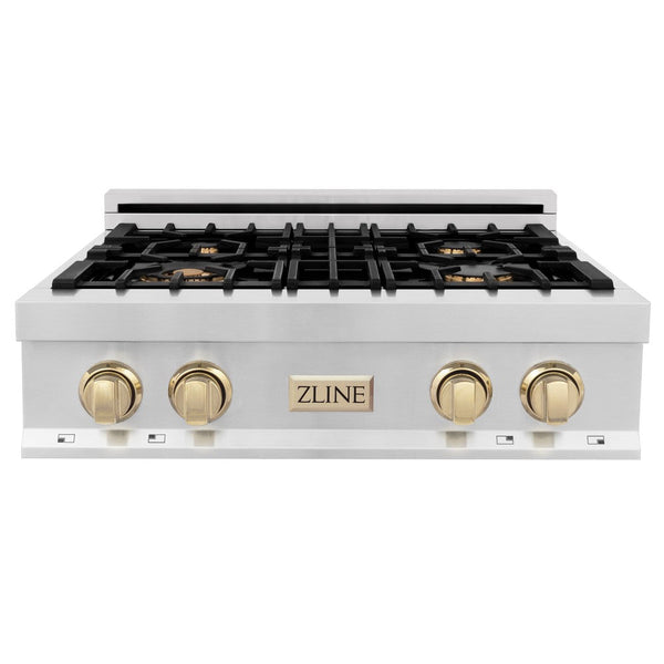 ZLINE Autograph Edition 30 in. Porcelain Rangetop with 4 Gas Burners in Stainless Steel and Polished Gold Accents (RTZ-30-G) front, oven closed.