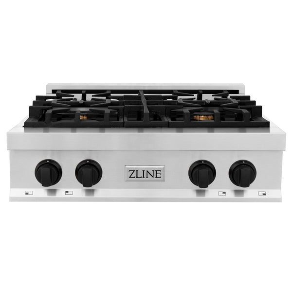 ZLINE Autograph Edition 30 in. Porcelain Rangetop with 4 Gas Burners in Stainless Steel and Matte Black Accents (RTZ-30-MB) front, oven closed.