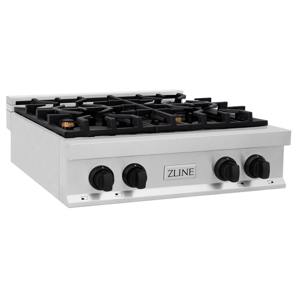 ZLINE Autograph Edition 30 in. Porcelain Rangetop with 4 Gas Burners in Stainless Steel and Matte Black Accents (RTZ-30-MB) side.