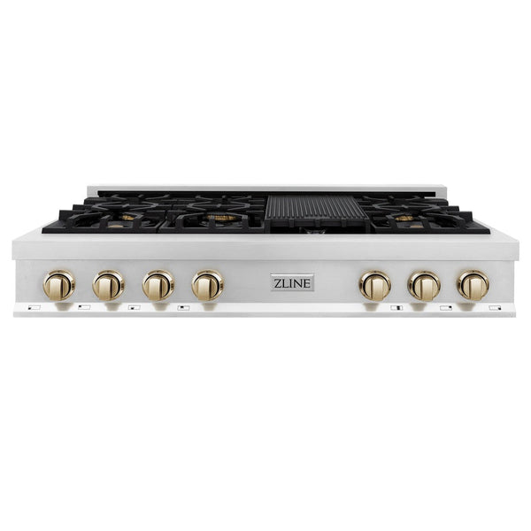 ZLINE Autograph Edition 48 in. Porcelain Rangetop with 7 Gas Burners in Stainless Steel with Polished Gold Accents (RTZ-48-G) front, oven closed.