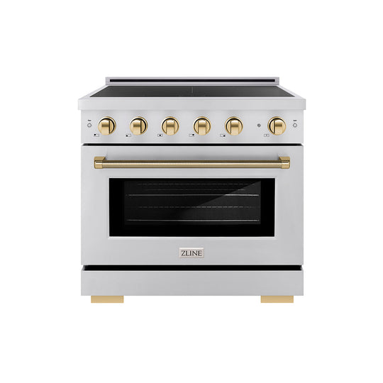ZLINE Autograph Edition 36 in. 5.2 cu. ft. Paramount Induction Range with 5 Element Cooktop and Electric Convection Oven in Stainless Steel with Polished Gold Helix Handle and Knob Accents (SINRZ-36-KG)