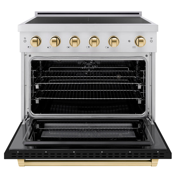 ZLINE Autograph Edition 36 in. 5.2 cu. ft. Paramount Induction Range with 5 Element Cooktop and Electric Convection Oven in Stainless Steel with Black Matte Door and Polished Gold Accents (SINRZ-BLM-36-G)