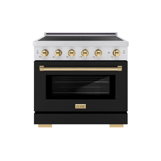 ZLINE Autograph Edition 36 in. 5.2 cu. ft. Paramount Induction Range with 5 Element Cooktop and Electric Convection Oven in Stainless Steel with Black Matte Door and Polished Gold Accents (SINRZ-BLM-36-G)