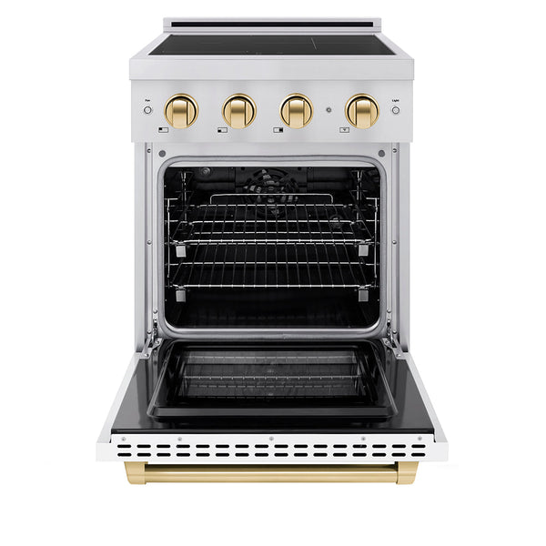 ZLINE Autograph Edition 24 in. 3.2 cu. ft. Paramount Induction Range with 3 Element Cooktop and Electric Convection Oven in Stainless Steel with White Matte Door and Polished Gold Accents (SINRZ-WM-24-G)