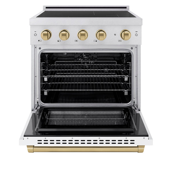 ZLINE Autograph Edition 30 in. 4.2 cu. ft. Paramount Induction Range with 4 Element Cooktop and Electric Convection Oven in Stainless Steel with White Matte Door and Champagne Bronze Accents (SINRZ-WM-30-CB)