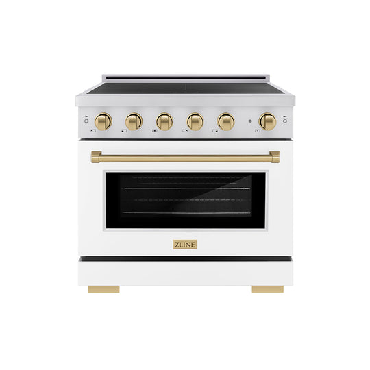 ZLINE Autograph Edition 36 in. 5.2 cu. ft. Paramount Induction Range with 5 Element Cooktop and Electric Convection Oven in Stainless Steel with White Matte Door and Champagne Bronze Accents (SINRZ-WM-36-CB)