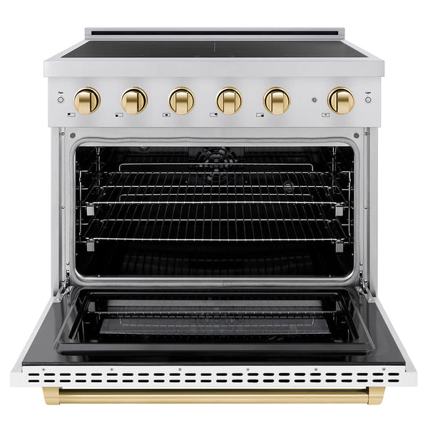 ZLINE Autograph Edition 36 in. 5.2 cu. ft. Paramount Induction Range with 5 Element Cooktop and Electric Convection Oven in Stainless Steel with White Matte Door and Polished Gold Accents (SINRZ-WM-36-G)