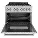 ZLINE 36 in. Dual Fuel Range with Gas Stove and Electric Oven in Stainless Steel with Brass Burners (RA-BR-36) front, oven open.
