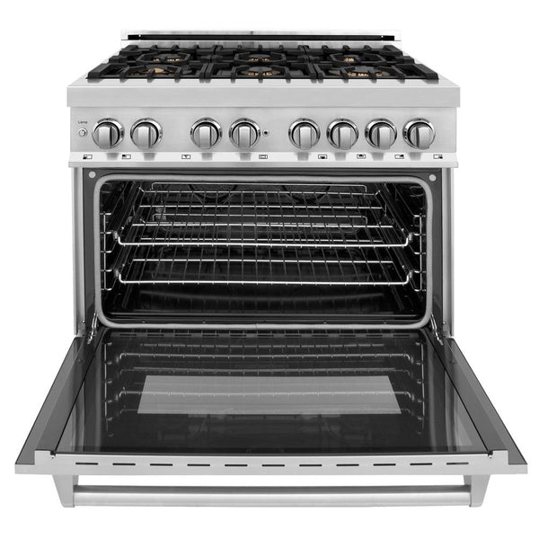 ZLINE 36 in. Dual Fuel Range with Gas Stove and Electric Oven in Stainless Steel with Brass Burners (RA-BR-36) front, oven open.