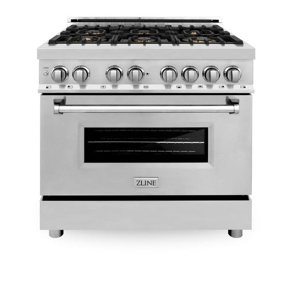 ZLINE 36 in. Dual Fuel Range with Gas Stove and Electric Oven in Stainless Steel with Brass Burners (RA-BR-36) front, oven closed.