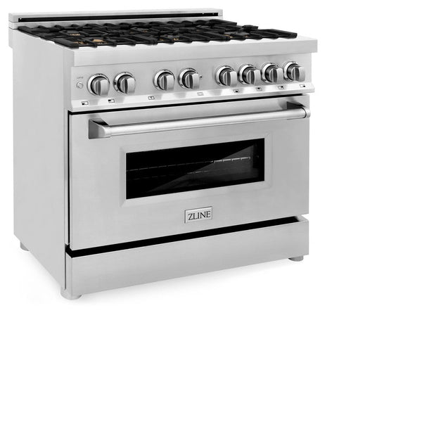 ZLINE 36 in. Dual Fuel Range with Gas Stove and Electric Oven in Stainless Steel with Brass Burners (RA-BR-36) side, oven closed.
