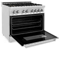 ZLINE 36 in. Dual Fuel Range with Gas Stove and Electric Oven in Stainless Steel with Brass Burners (RA-BR-36) side, oven open.