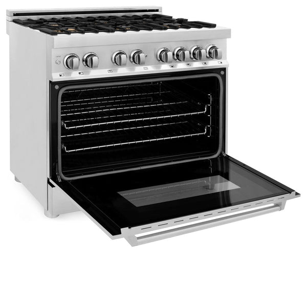 ZLINE 36 in. Dual Fuel Range with Gas Stove and Electric Oven in Stainless Steel with Brass Burners (RA-BR-36) side, oven open.