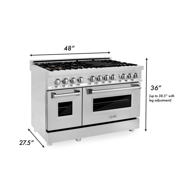 ZLINE 48 in. Professional Dual Fuel Range in Stainless Steel with Brass Burners (RA-BR-48) dimensional diagram with measurements.