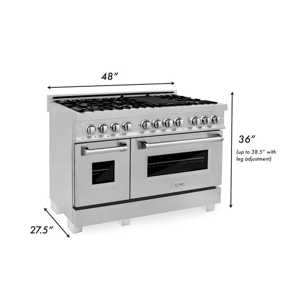 ZLINE 48 in. 6.0 cu. ft. Legacy Dual Fuel Range with 7 Burner Gas Cooktop and 2 Electric Ovens in DuraSnow® Stainless Steel with Griddle (RAS-SN-GR-48)